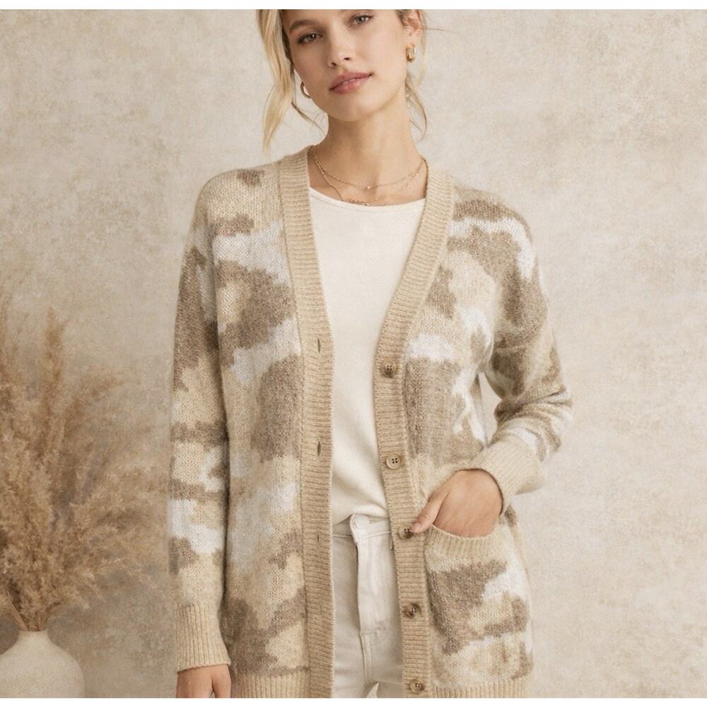 Lucky Brand Neutral Camo Cardigan Longline Cozy Knit Sweater NWT Small - Picture 1 of 9